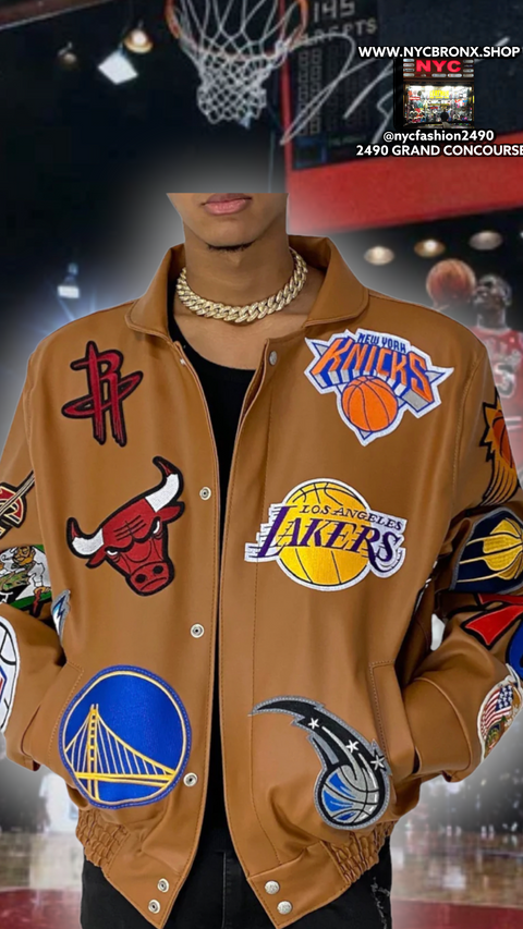 NBA COLLAGE VEGAN LEATHER JACKET